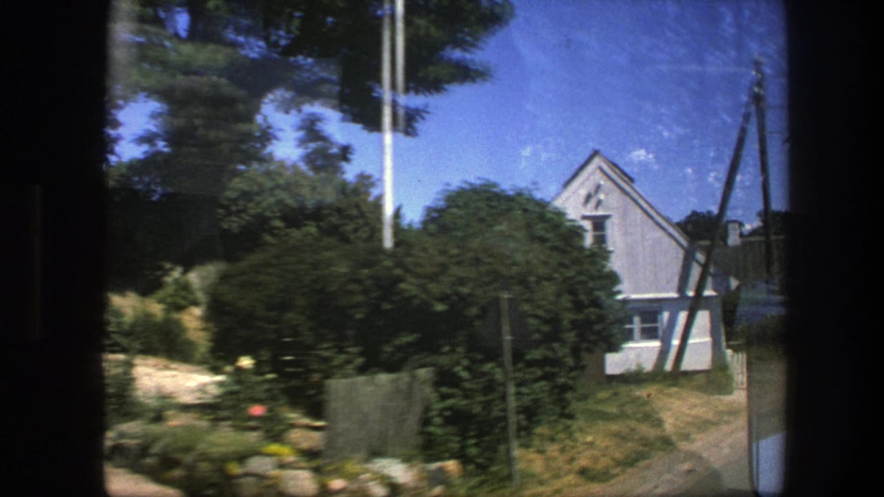 Garden shrubs and a pale gabled house seen through a moving vehicle window.
