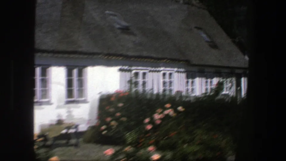 1975 Denmark frame showing white cottage windows partly obscured by dense hedges and bright flowers.