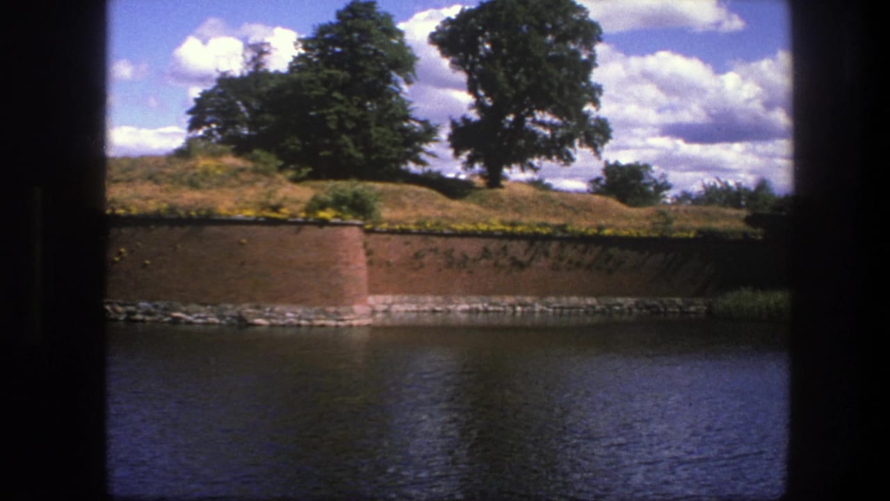 Moat water below a brick wall with grass, trees, and clouds beyond.