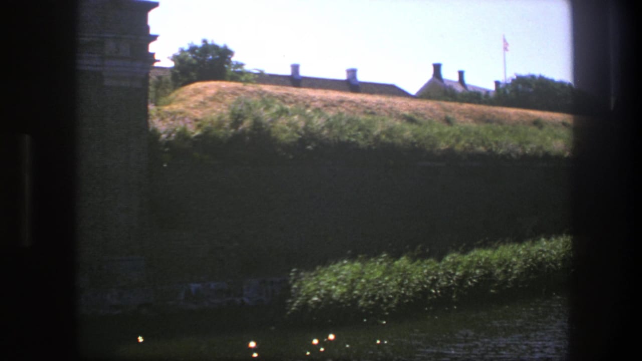 Grassy riverbank with water, rooflines, trees, and a flag beyond dark frame edges.