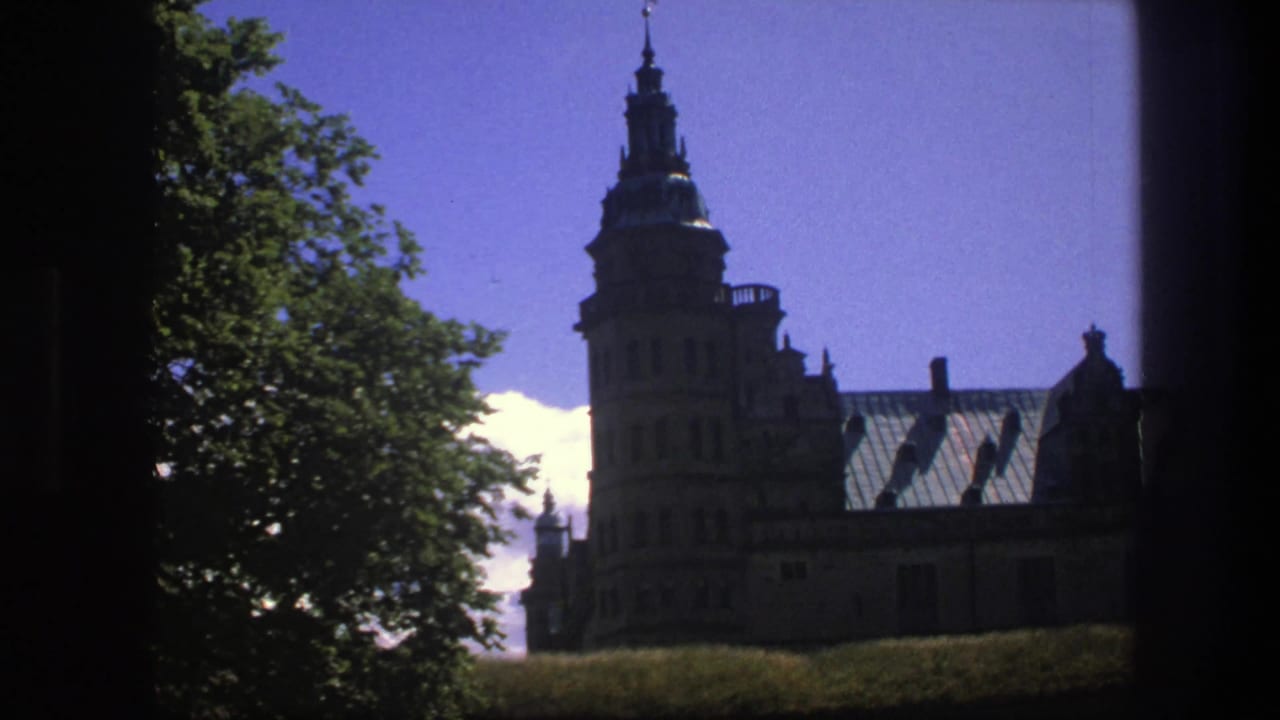 Historic landmark tower and roofline seen beyond trees, grass and a glimpse of water.