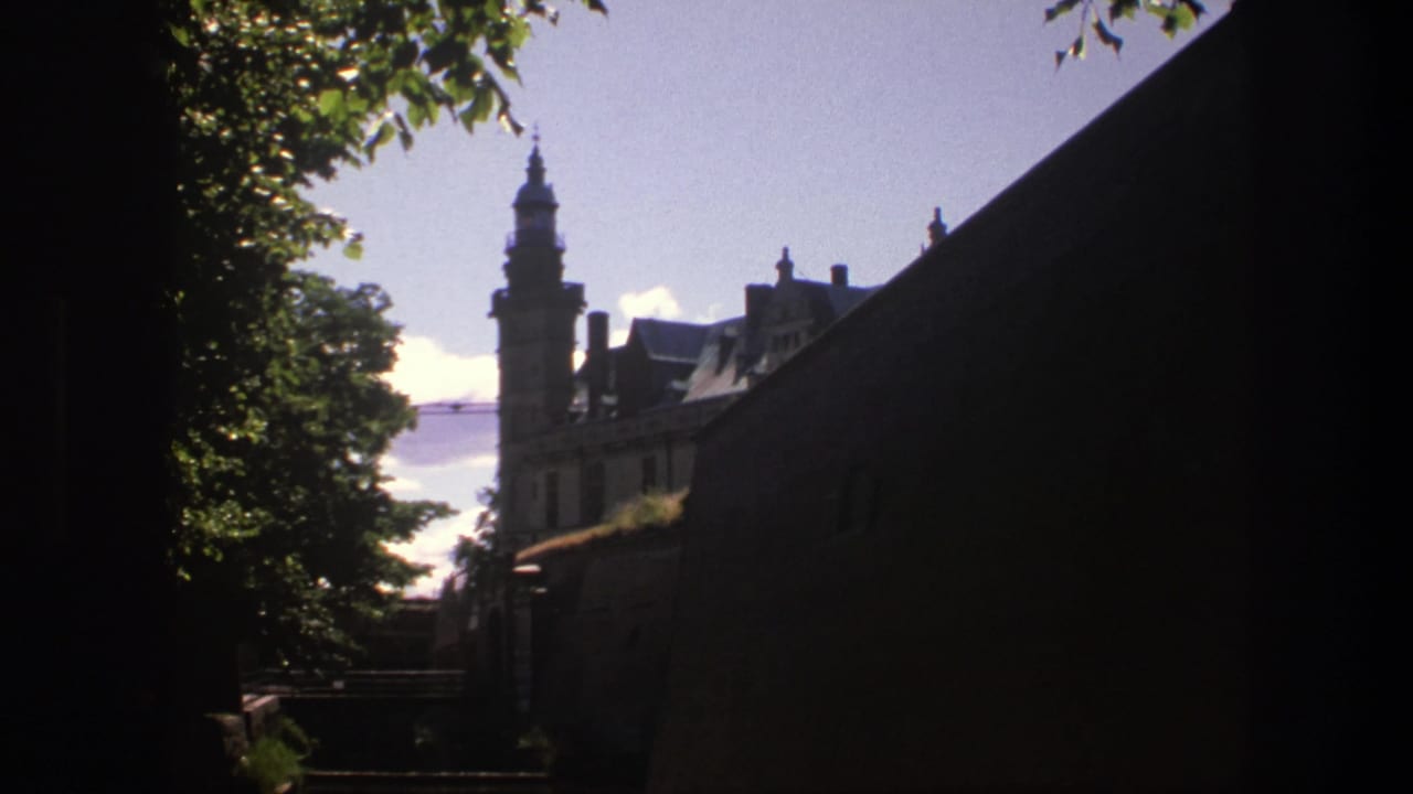 A 1975 Copenhagen castle exterior appears through foliage, with the right side held in deep shadow.