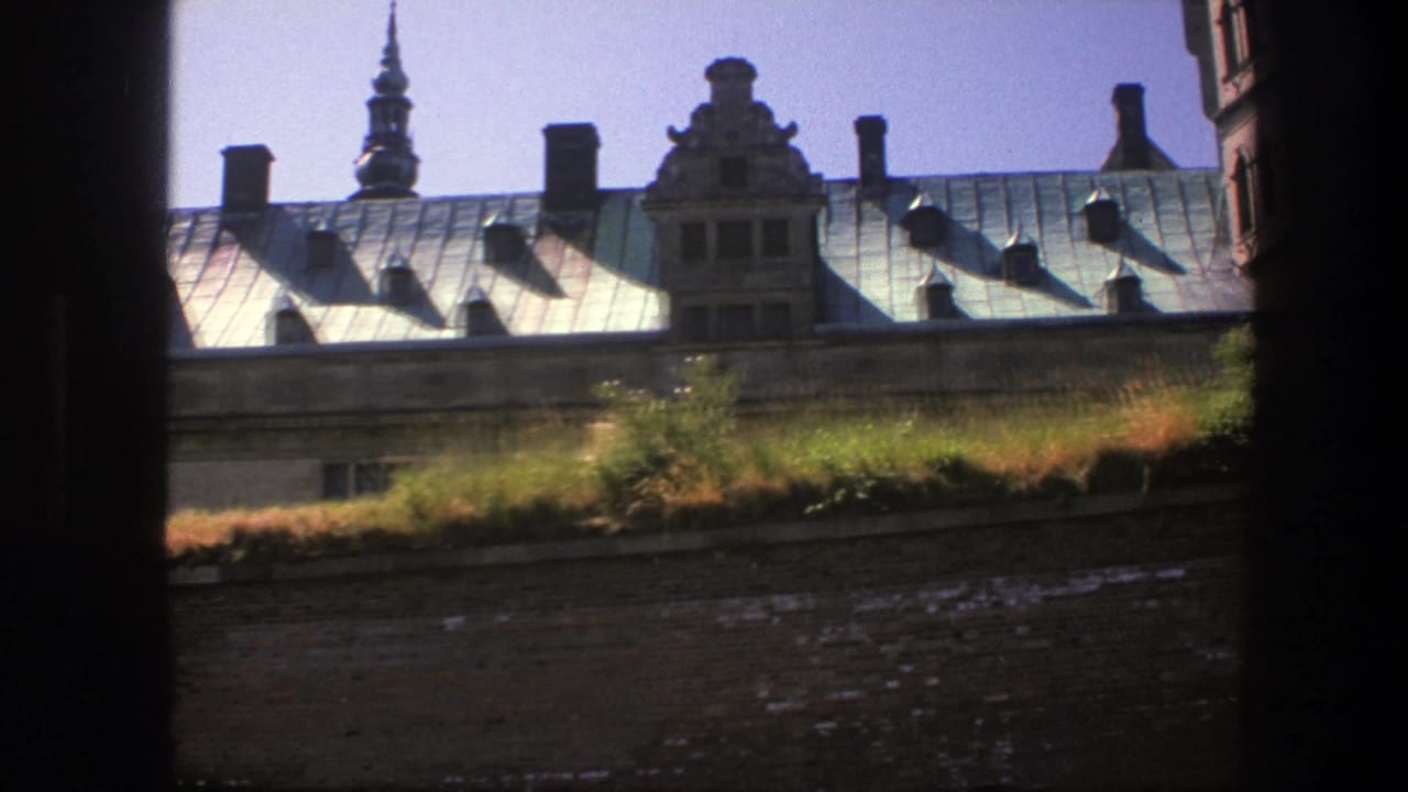 1975 Copenhagen 8mm view of a historic roofline with ornate gables, chimneys, and a tower spire seen from behind a dark frame.