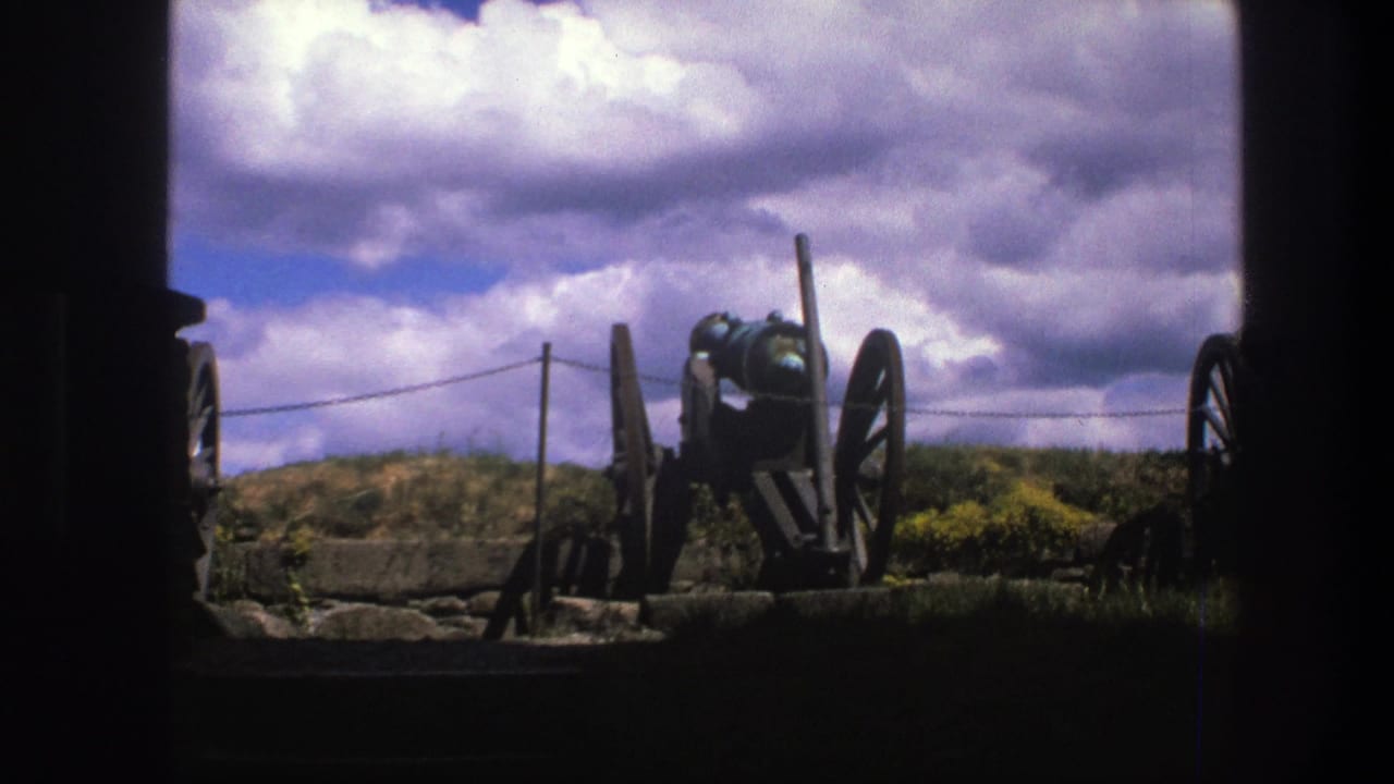 Two old wheeled cannons on grassy battlements under a cloudy sky.
