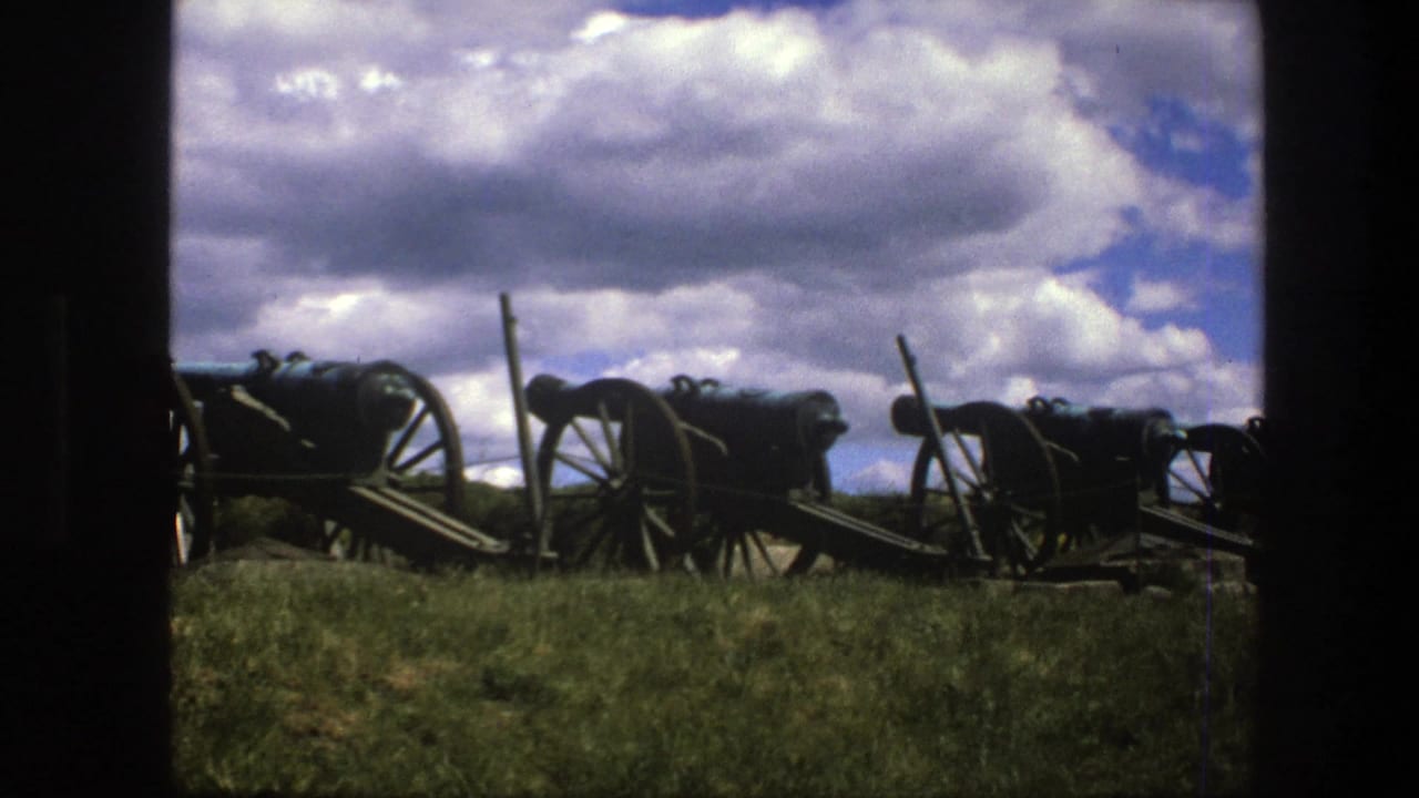 Row of dark cannons and spoked wheels silhouetted against clouds over grass.