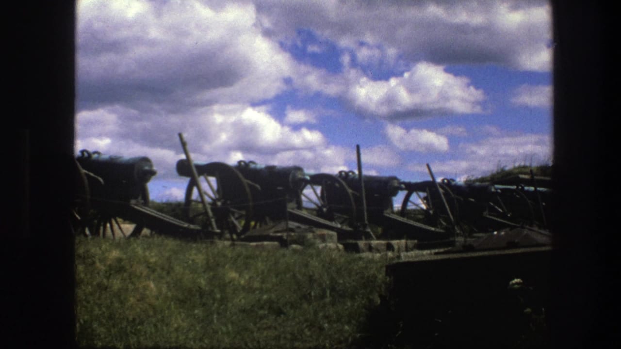 1975 Copenhagen 8mm view of multiple old cannons on a grassy field, seen through a dark doorway or window-like edge.