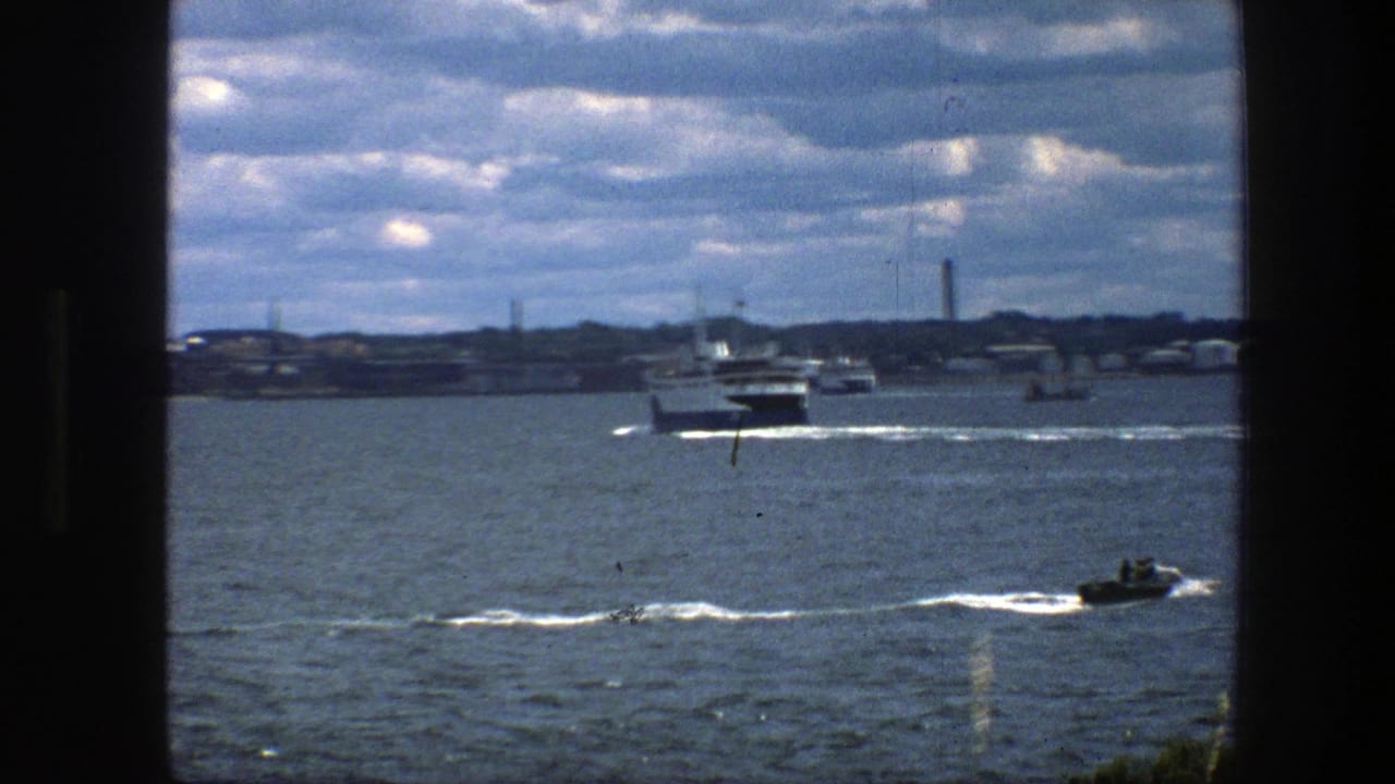 Harbor water with small boats and distant shoreline under a cloudy sky.