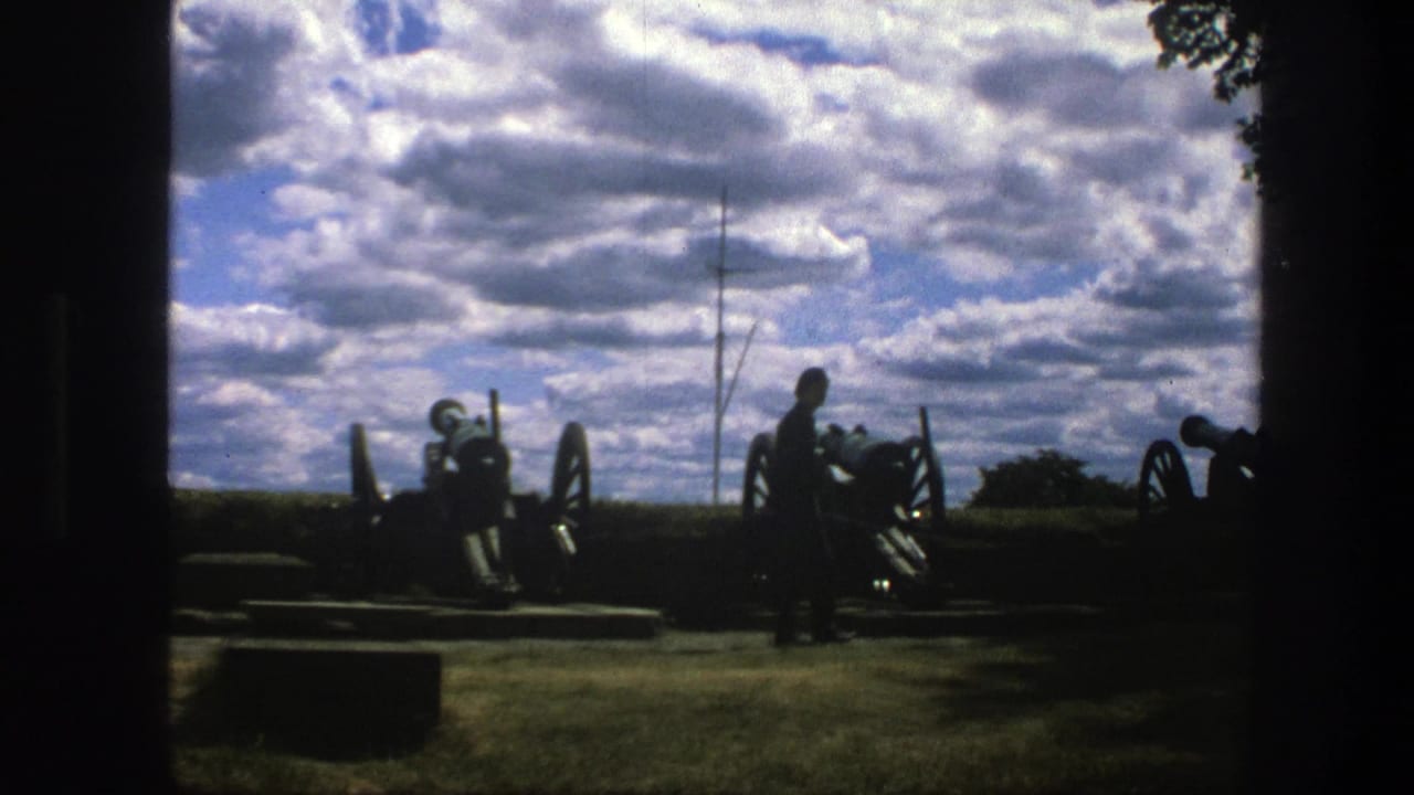 Silhouetted cannons and a standing person near a waterfront under a cloudy sky.