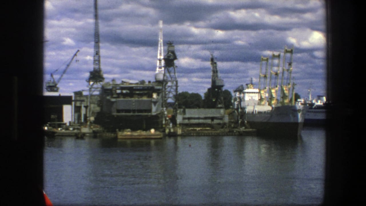 Harbor water with cranes, industrial buildings and a docked ship under cloudy sky.