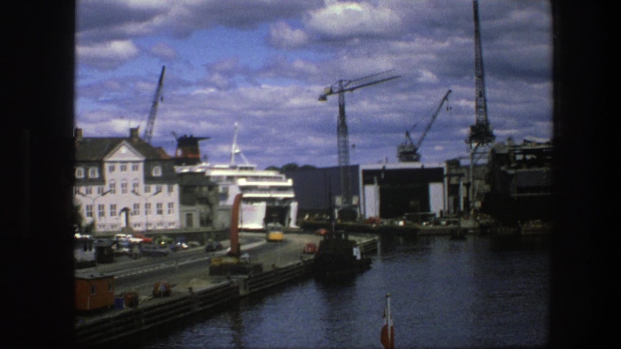 Copenhagen harbor with a white passenger ship, cranes, waterfront buildings, cars, and water.