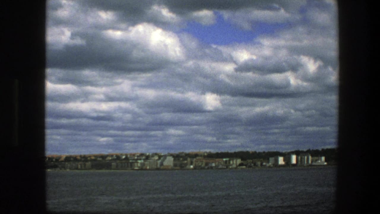 Copenhagen skyline across open water, with distant shoreline buildings under a dramatic cloudy sky.