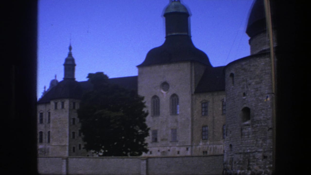 Tan stone buildings with dark roofs and a tree seen through a dark frame.