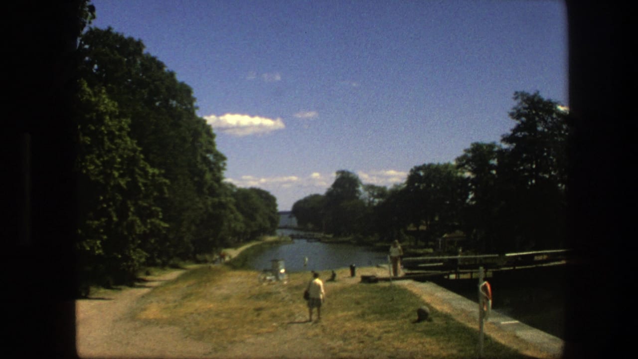A tree-lined canal path with pedestrians, grass, and a small bridge or lock structure.