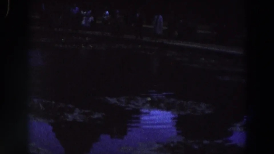 1961 Ireland 8mm frame showing distant silhouetted people near a pond, with dark water and purple-blue reflected light.