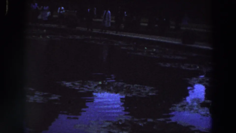 Low-light 1961 Ireland 8mm frame with faint figures by a pond and purple-blue reflected patches on the water.