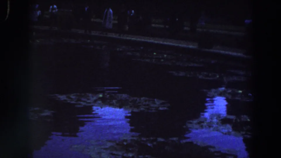 1961 Ireland 8mm frame showing a shadowed pond edge with distant people and purple-blue reflections on dark water.