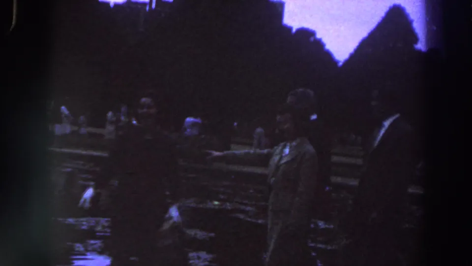 1961 Ireland frame with a woman in a light coat and a suited man near a reflective public garden surface.