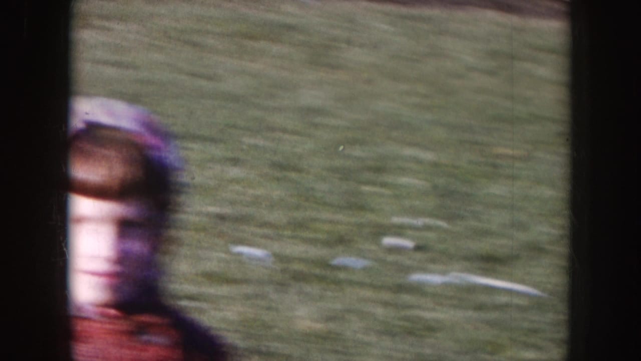 Blurred close-up of a person in a cap or head covering against a grassy background.