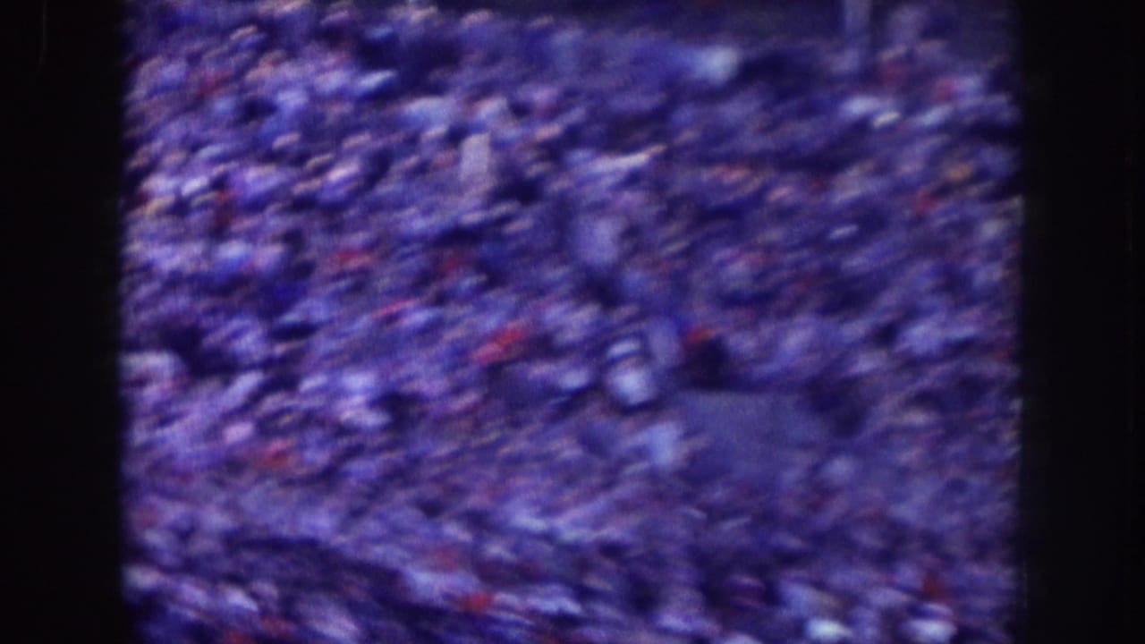 Dense stadium crowd in bleachers with scattered red accents and heavy blur.
