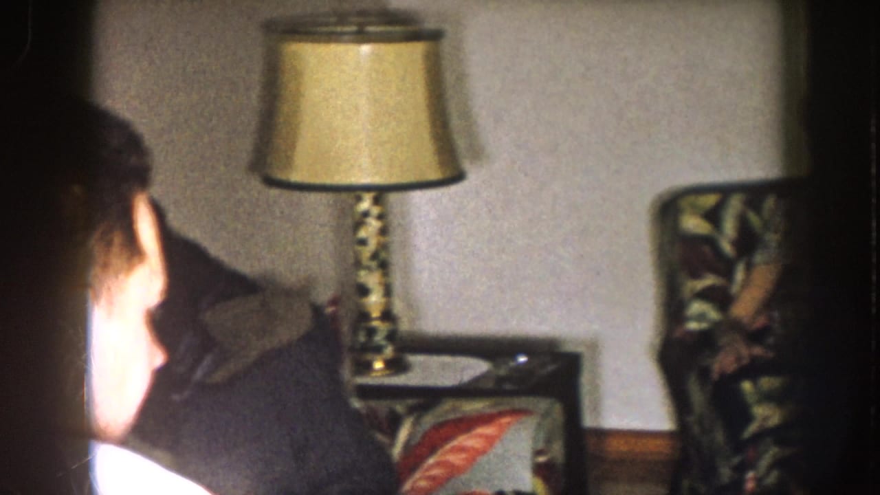 Adults seated near a lamp and floral furniture in a living room.