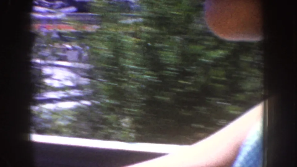 1962 Disneyland home-movie frame showing a passenger view past a car window toward blurred trees and roadway edge.