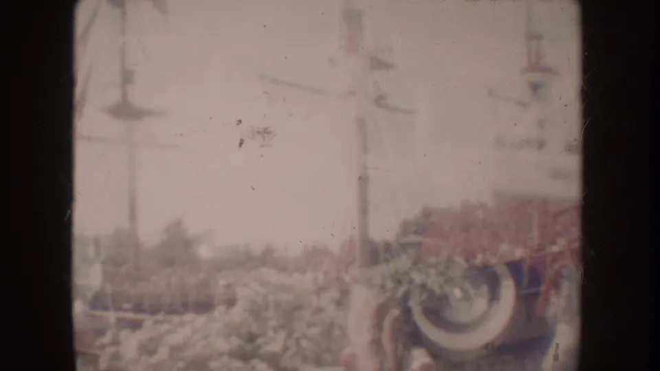 1962 Disneyland home-movie frame showing utility poles above landscaped planting and distant park visitors.