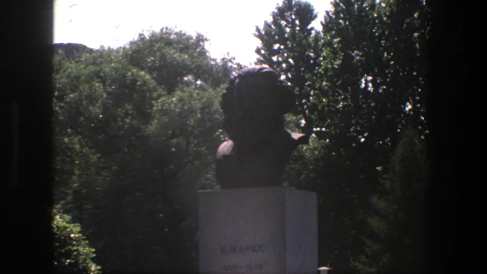 1975 Denmark 8mm frame showing a dark bust on a pale pedestal, partly silhouetted among sunlit trees and foliage.