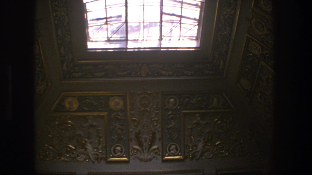 Decorated interior ceiling with gilded ornament, blue panels, and a bright rectangular skylight.