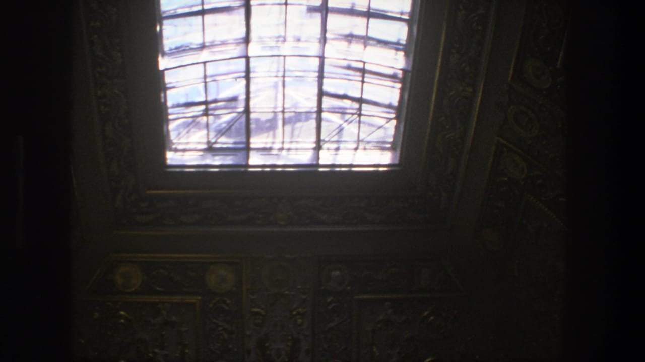 Low-angle view of a bright skylight above an ornate dark church ceiling.
