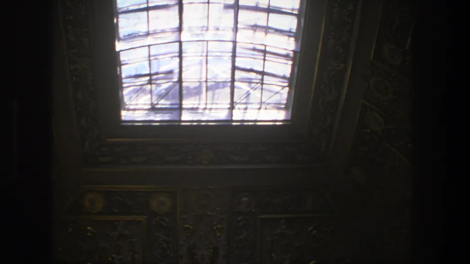 1975 Denmark 8mm frame showing a bright multi-paned skylight and shadowed carved ceiling decoration inside a church.