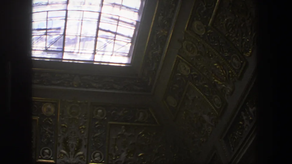 1975 Denmark 8mm frame of a church ceiling corner with a bright skylight, gilded carved borders and painted decoration.