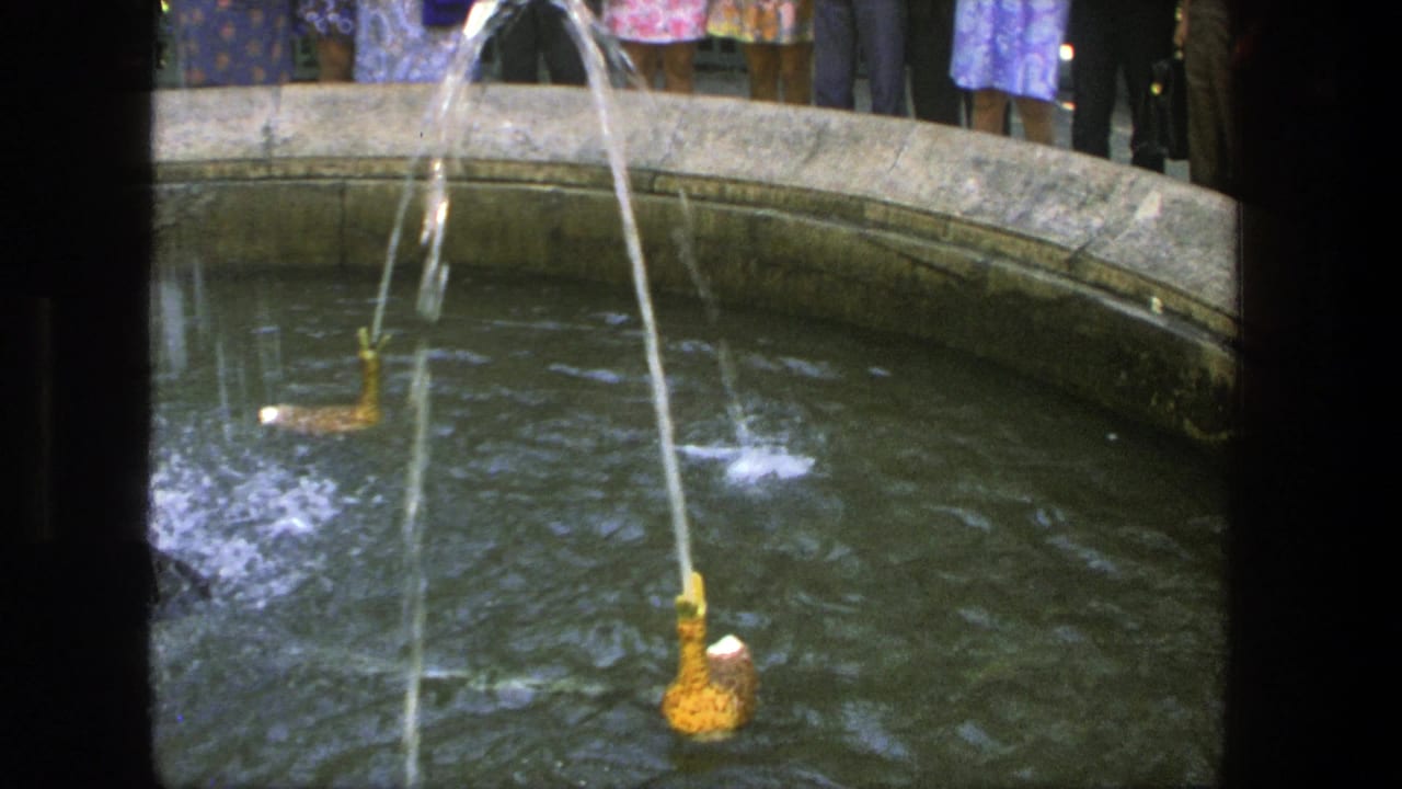 Mechanical duck figures spray water in a round fountain while adults stand behind the stone rim.