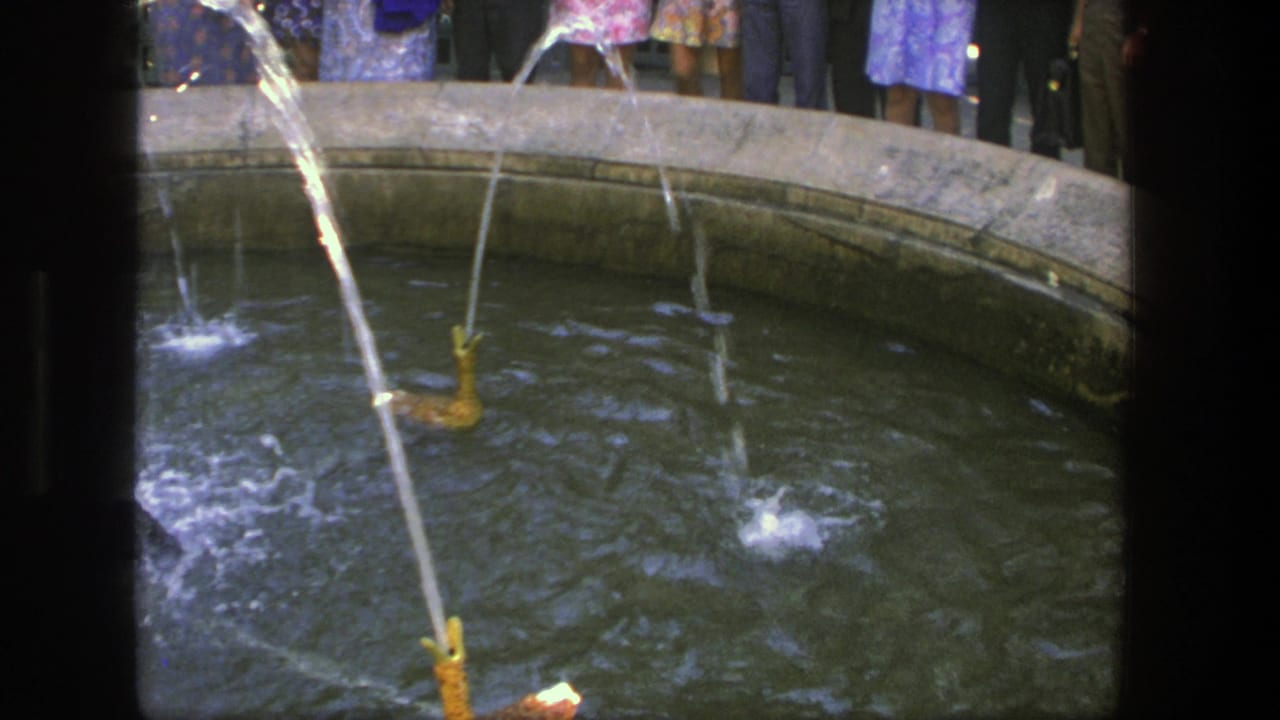 Water sprays across a circular fountain basin with small duck figures and standing adults in the background.