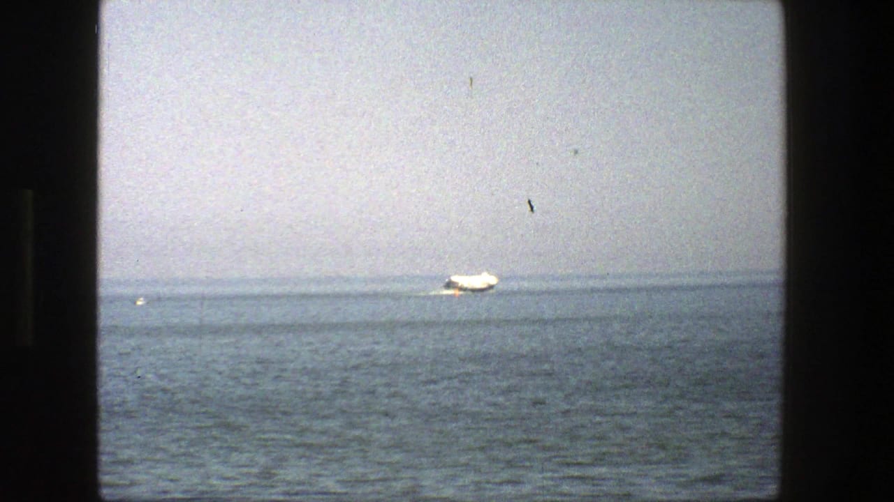 Distant white boat on the sea with a dark vertical frame in the foreground.