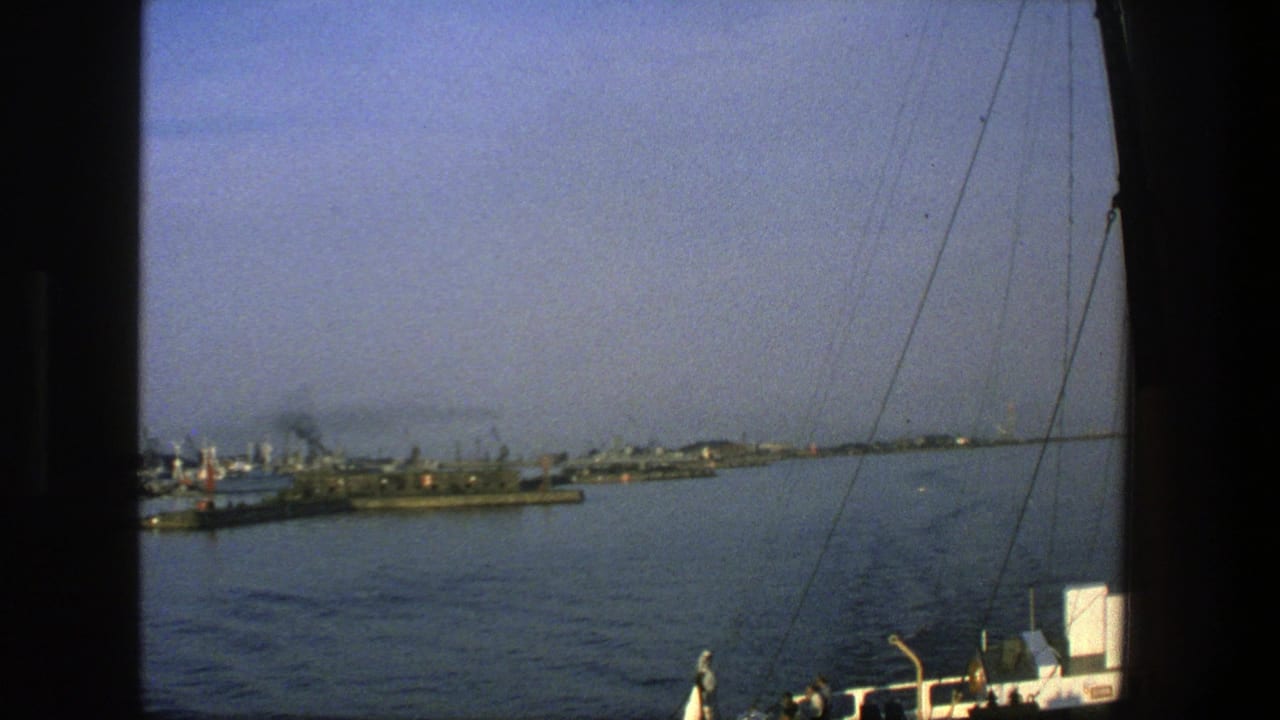 Wide harbor view with water, distant vessels, cranes, rigging lines, and a small person on deck.