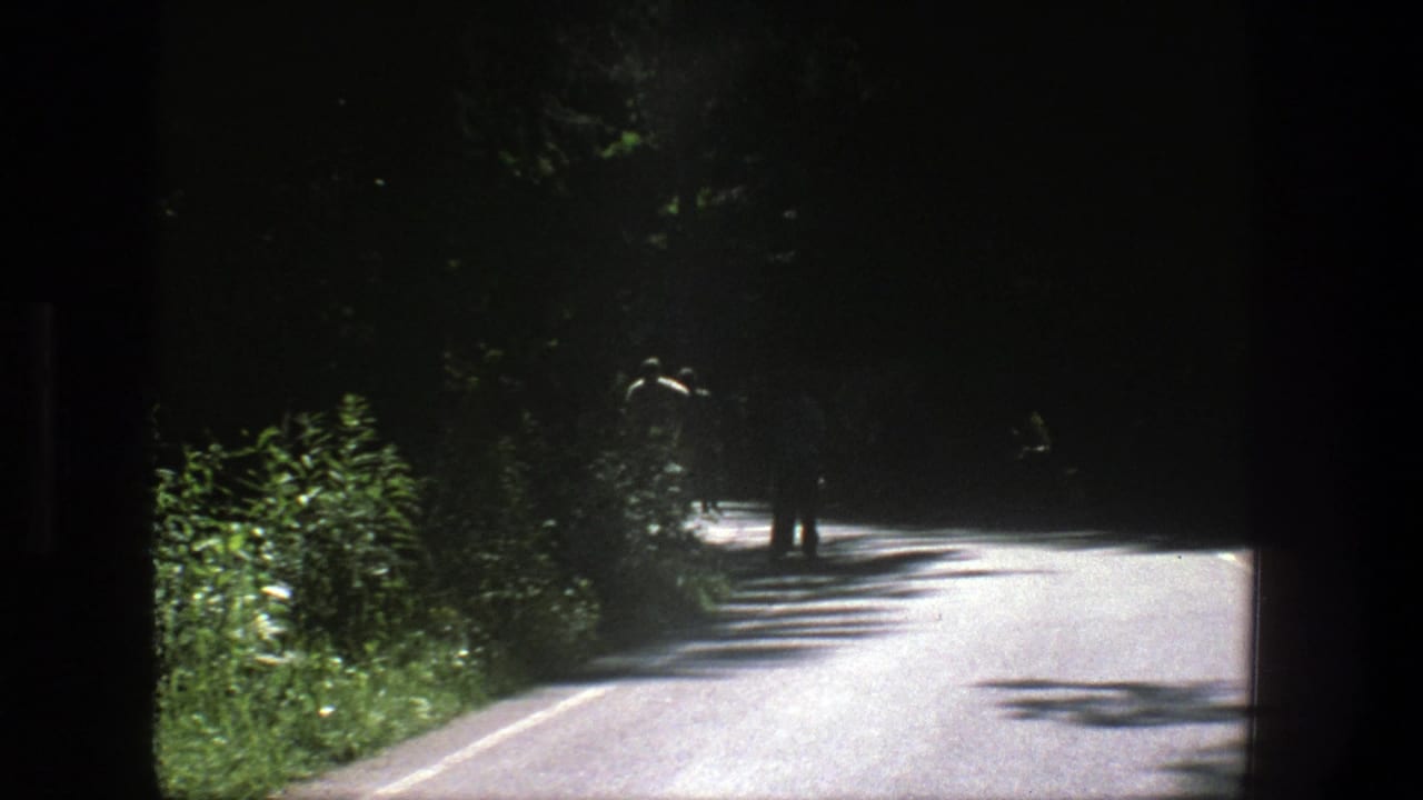 Two distant men continue along a bright road through dense woodland.