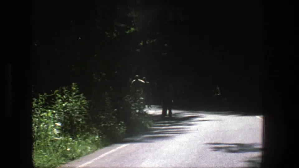 Two men appear farther down a Danish forest road in 1975 home-movie footage, partly silhouetted against the bright pavement.