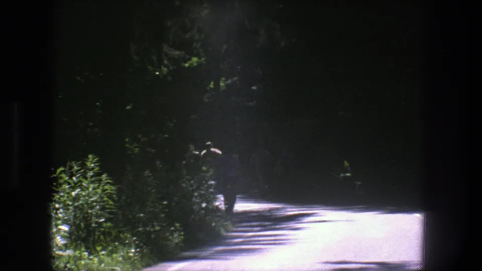 Late-frame 1975 Denmark home-movie view of a man walking near roadside greenery, with another distant figure on the sunlit forest road.