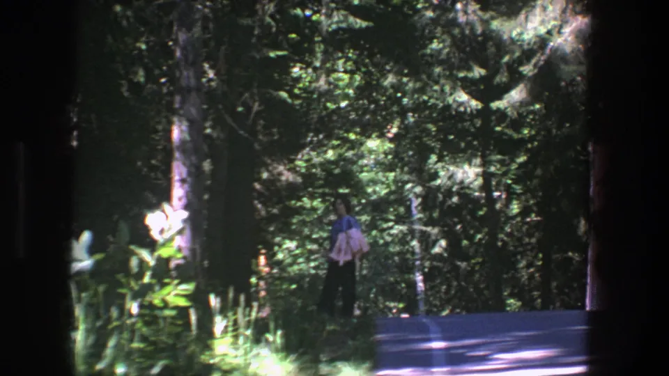 1975 Denmark 8mm frame of a woman carrying a light bundle near a wooded road, surrounded by tall trees and sunlit foliage.
