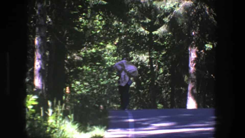 In 1975 Denmark 8mm footage, a distant person carries a pale bundle along a sunlit forest road bordered by tall trees.