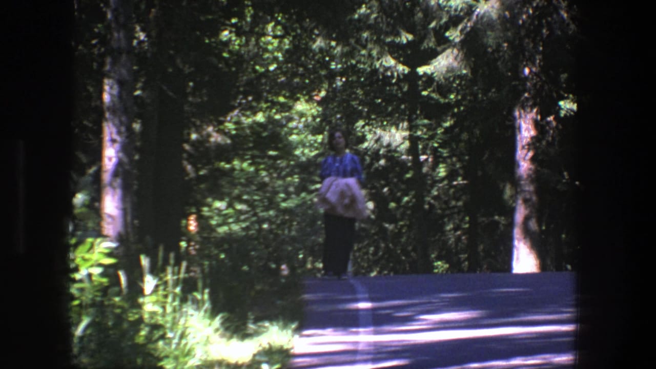 A person approaches along a forest road while holding a light-colored bundle.