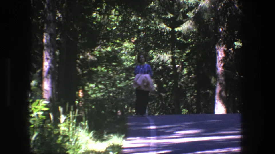 In the Danish 1975 home movie frame, the person is farther forward on the road, carrying a light bundle beneath dense trees.