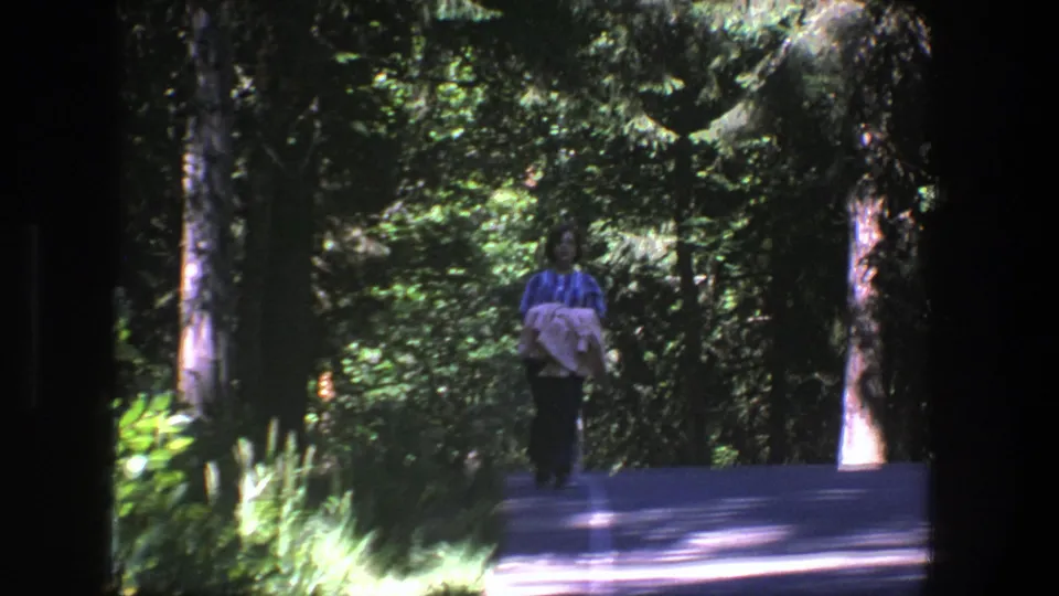 At the end of the short 1975 Denmark clip, the person continues along the forest road with a bundle held at the front.