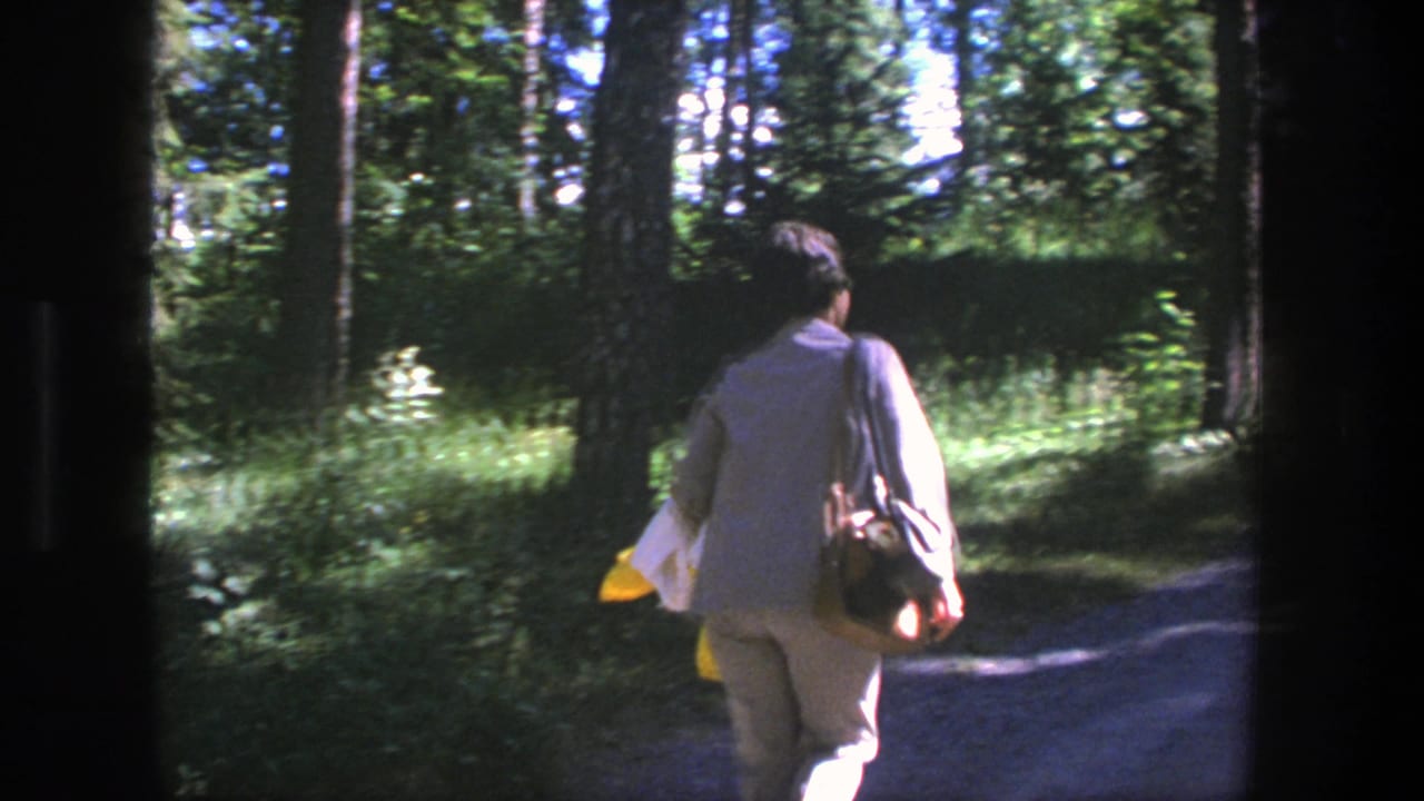 Person walking away on a wooded dirt path with a shoulder bag and yellow item.