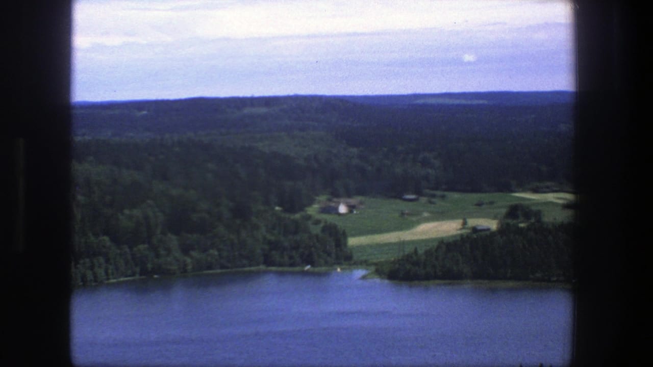 Elevated 1975 Denmark landscape with blue water in the foreground, wooded shoreline, fields and distant low hills.