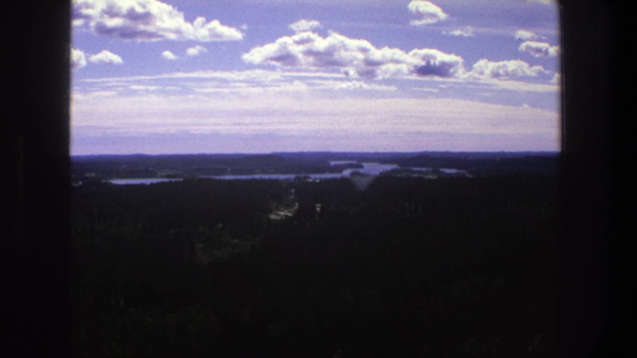 Panoramic view over dark forest toward lakes or waterways under a bright clouded sky.