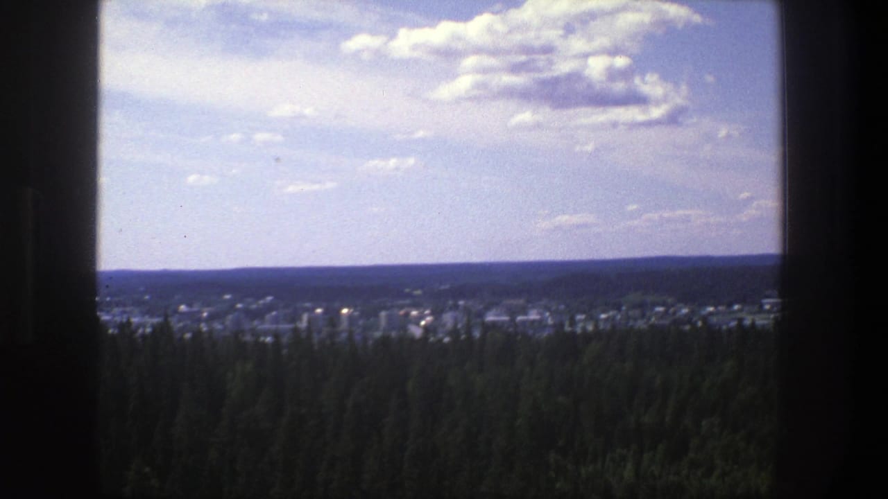 1975 Danish 8mm frame showing a distant low-rise town across dense pine forest, seen through dark vertical framing.