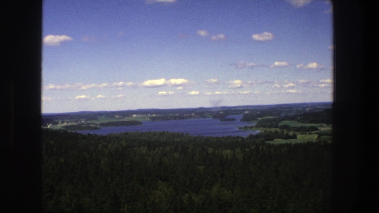 Elevated view over a blue waterway, forest, fields, and cloudy sky within an 8mm frame.