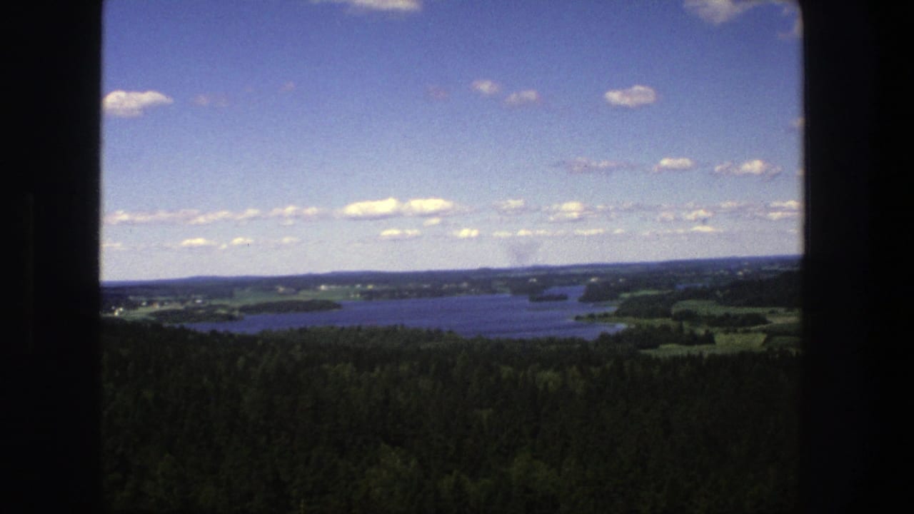 1975 Denmark 8mm still of a broad water landscape framed by forest, farmland, and a bright blue sky.