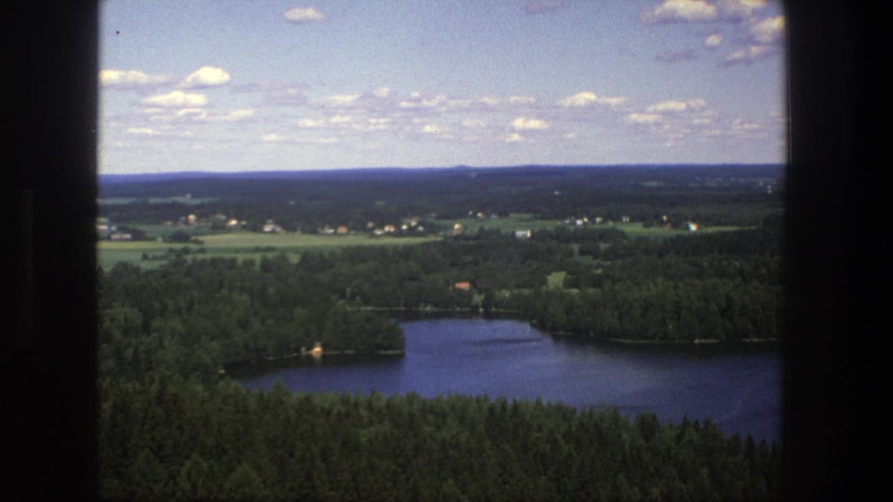 Aerial view over a blue lake bordered by dense forest and distant fields.